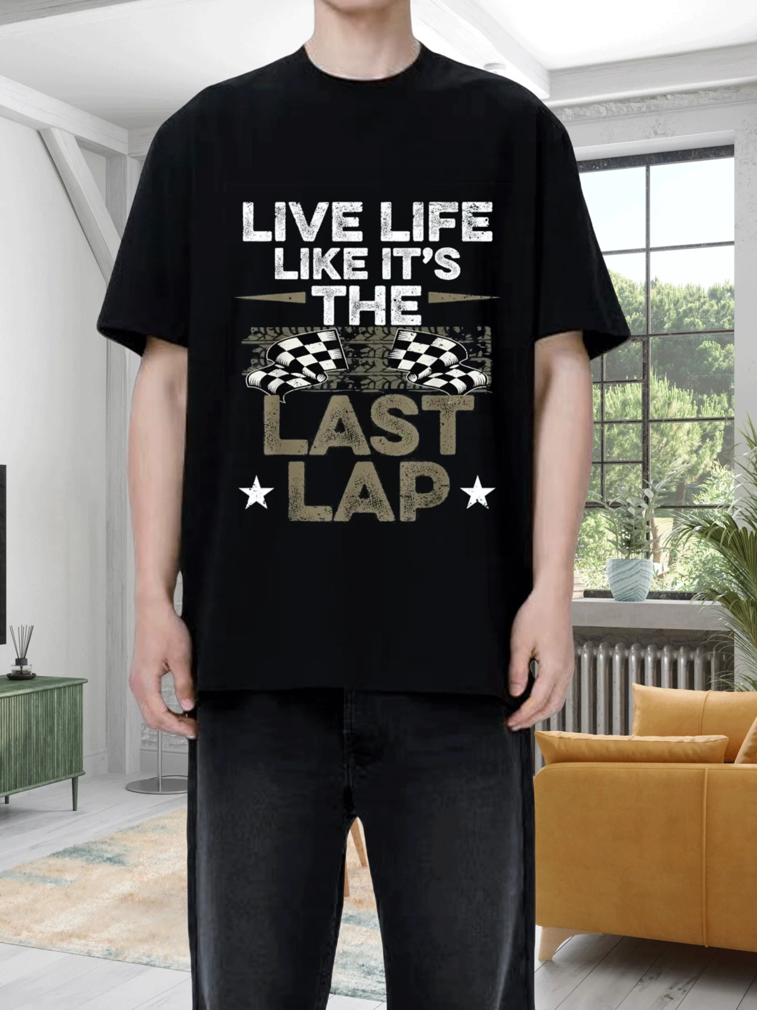 

Lightweight, Men's "Live Life Like It's The Last Lap" Racing Graphic T-Shirt - Black Cotton, Short Sleeve, Crew Neck