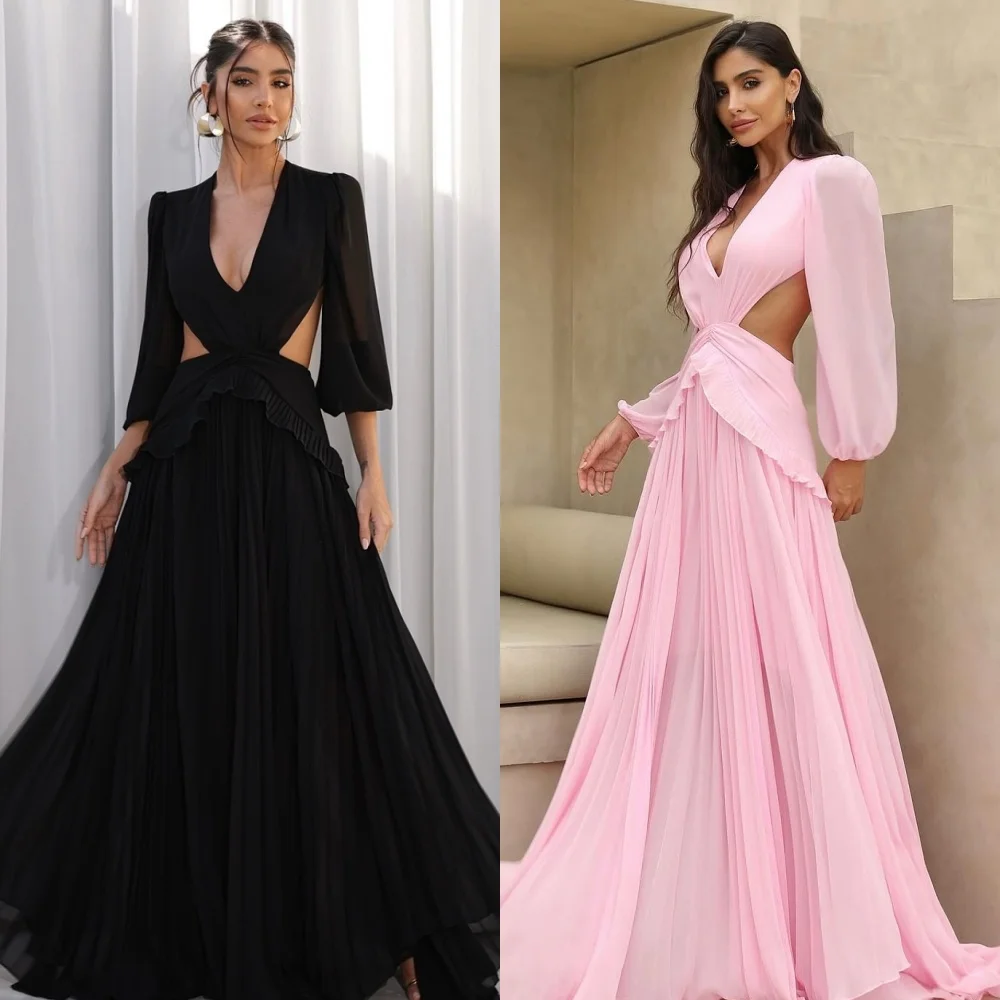 

Customized Modern Style Matching Chiffon Pleat Draped A-line V-neck Long Dresses Bespoke Occasion Dresses Exquisite Elegant Sexy