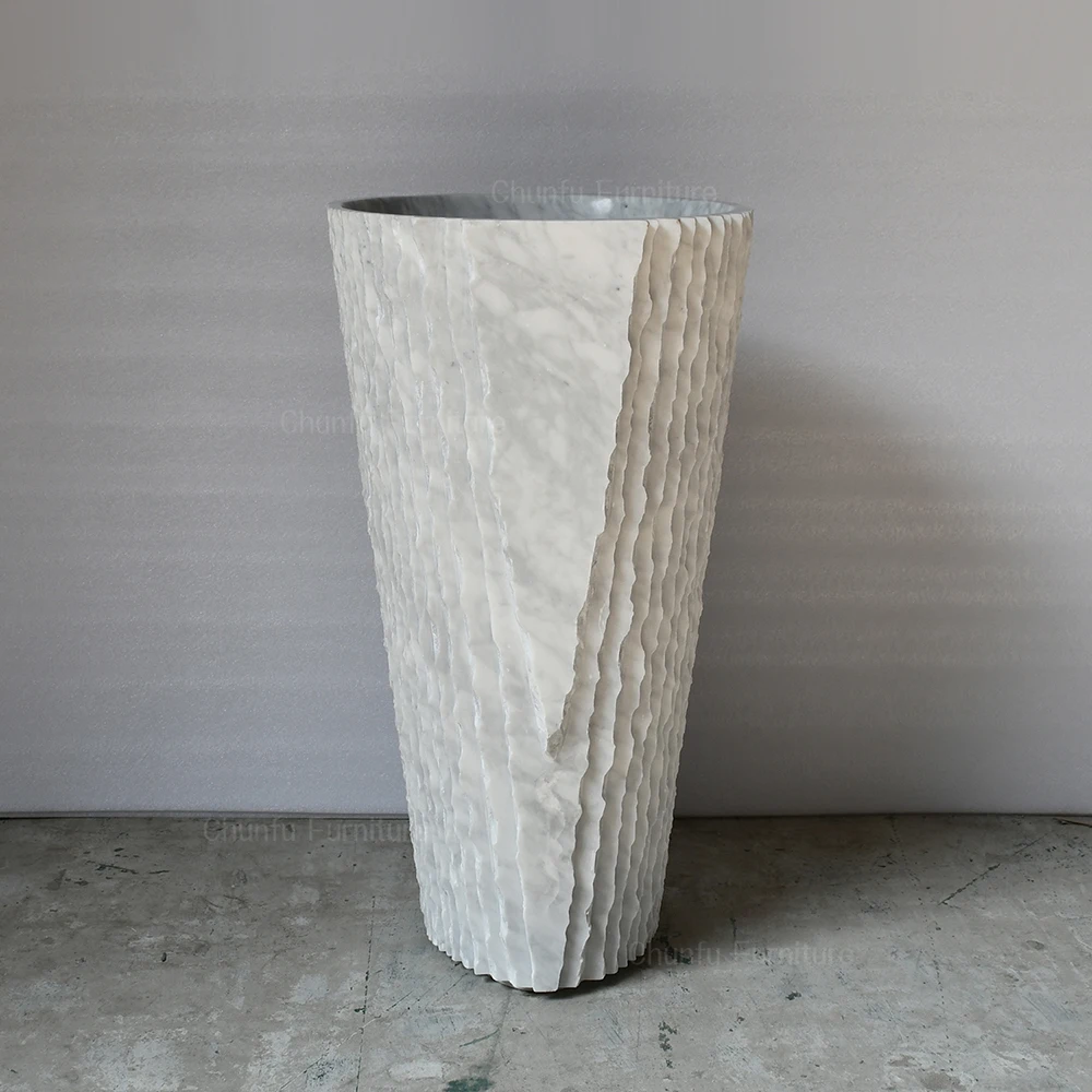 Modern Fluted Hand Carved White Marble Countertop Eco-Friendly Drainer Bathroom Wash Basin for Luxury Hotel Villa