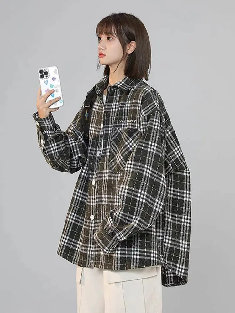 

American Retro Plaid Long Sleeve Shirt Jacket for Men Vintage Checkered Top Youthful Trend Loose Fit Autumn Fashion