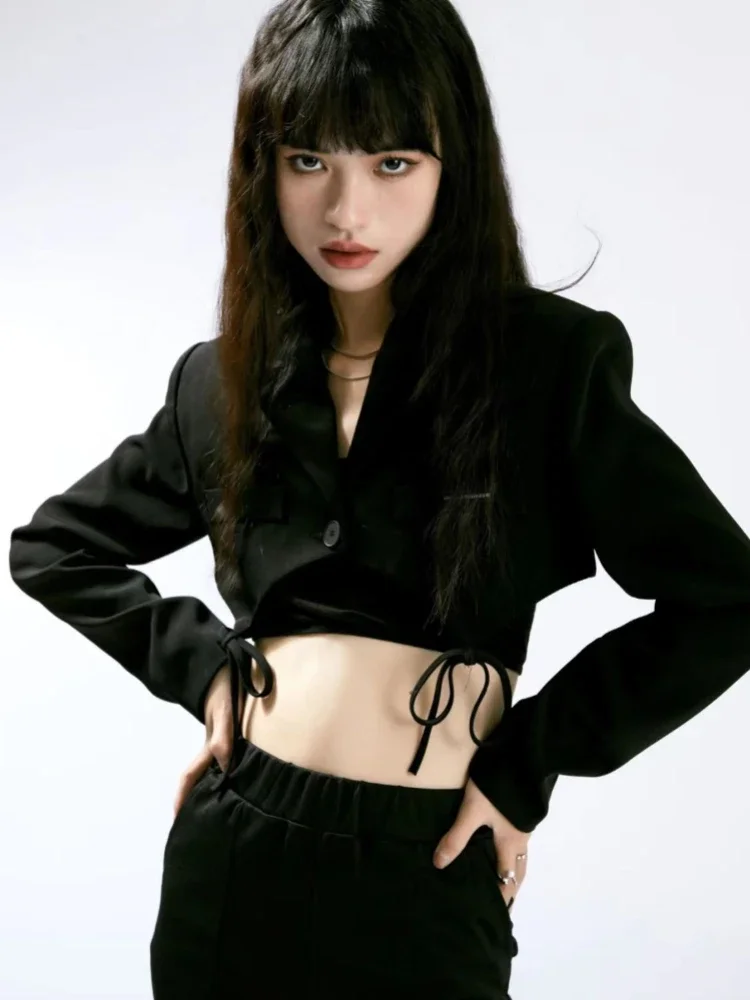 Cropped Bows Blazers for Women Y2k Clothes Harajuku Sexy High Street Coats Hipster American Retro Casual Autumn Solid Hotsweet