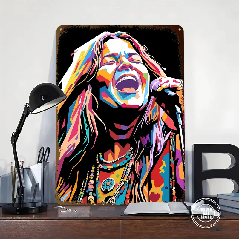 Janis Joplin Colorful Pop Art Portrait Personalized 3D Textured Metal Poster Wall Art Vintage Tin Signs for Aesthetic Room Decor