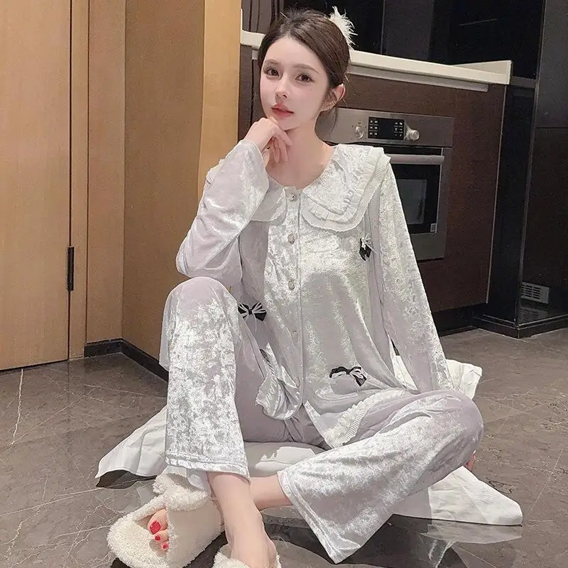 ホットな新作レディース肌に優しい快適なパジャマ2025キュートなドールカラー秋冬高級ファッションホームファニッシングセットギフト
