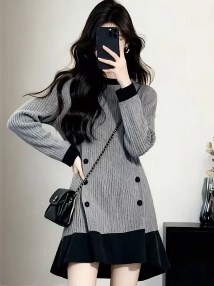 

Slimming A-Line Dr Long Sve Color Blo Women's Faion Winter Casual Korean Sle round Ne Single Piece Suit