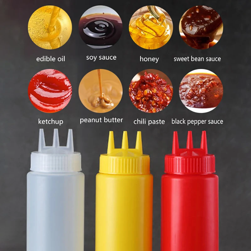 1PC Plastic 3 Nozzles Squeezing Sauce bottle New Squeezable Graduated Jam Container Salad Gravy Boats
