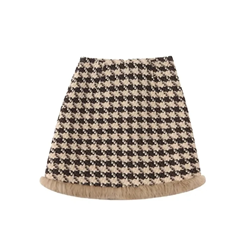 Autumn Winter New Chic Houndstooth Wool Coat + Short Skirt Women Set Skirt Fashion LooseOversize 4XL Plaid Skirt Two-piece Skirt