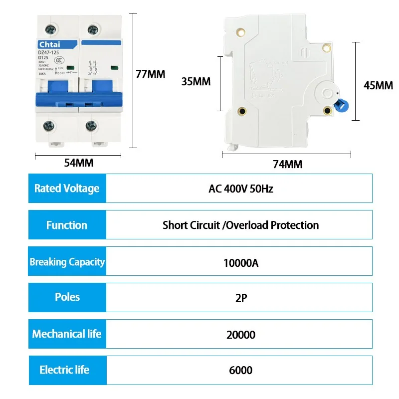 2P 80A 100A 125A AC Miniature Circuit Breaker 600V Small Mini Circuit Breaker C Curve MCB 240V/415V Breaking Capacity 10ka C45