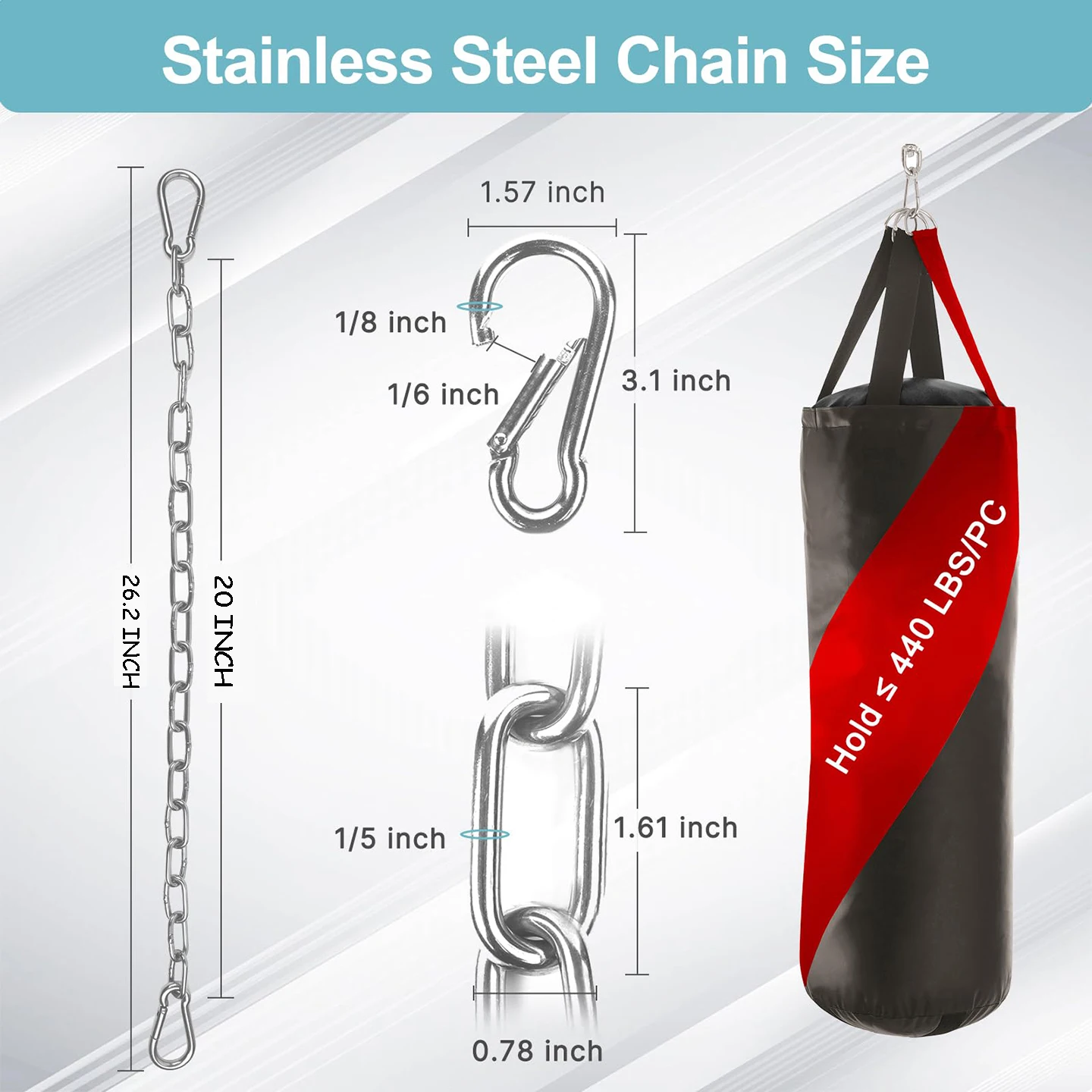 2PCS 5mm stainless steel chain with M8 spring hook for hanging swings, pet leashes, punching sandbags