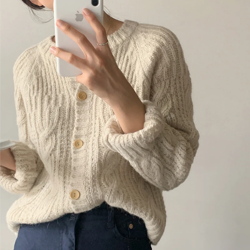 

Chic Autumnal Retro Twist Single-Button Knitted Long-Sve Women's Open Cardigan Warm Thiened Spun Polyester Blend Pure Color