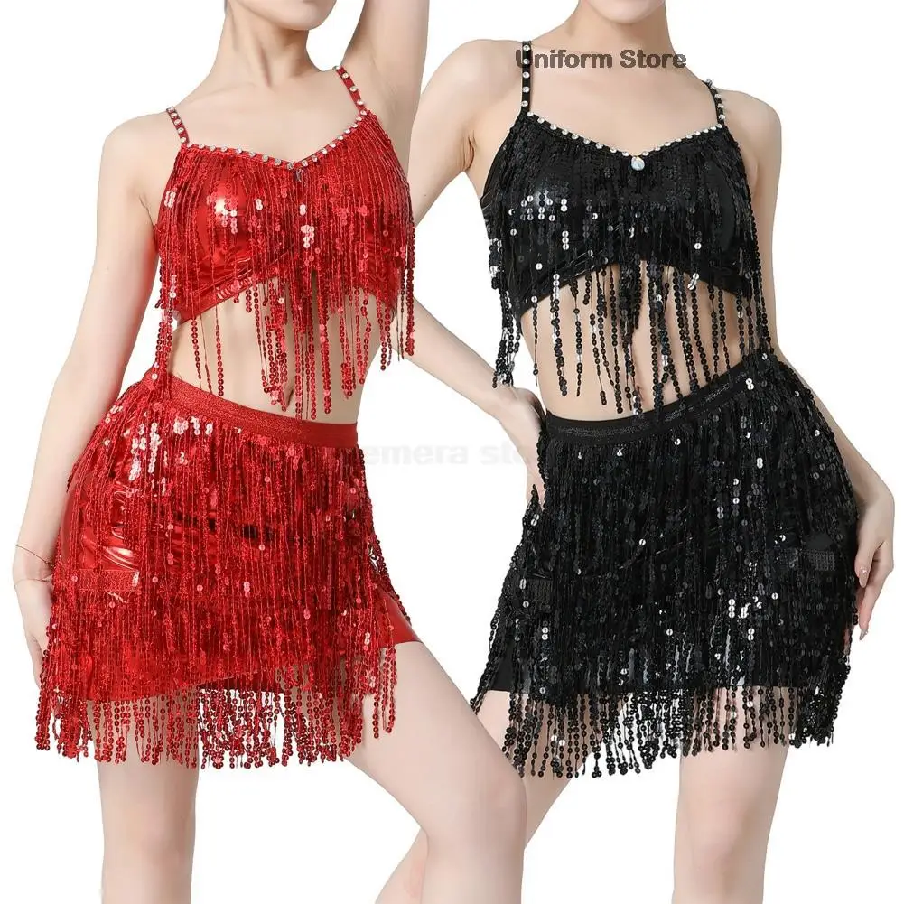 Women's Elegant Latin Belly Dance Sequins Tassel Skirts Solid Mid-rise Slimming India Dancewear Stage Performance Outfits