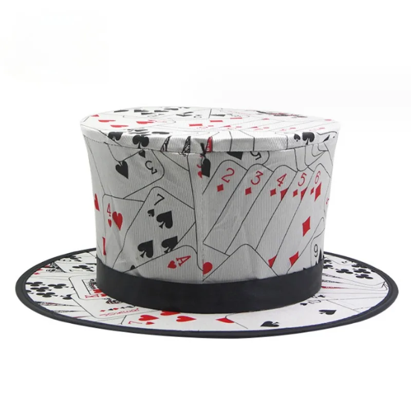 Folding Top Hat Spring Magic Tricks ( Black & Playing Card Pattern )Appearing/Vanishing Objects Hat Stage Accessories Gimmick