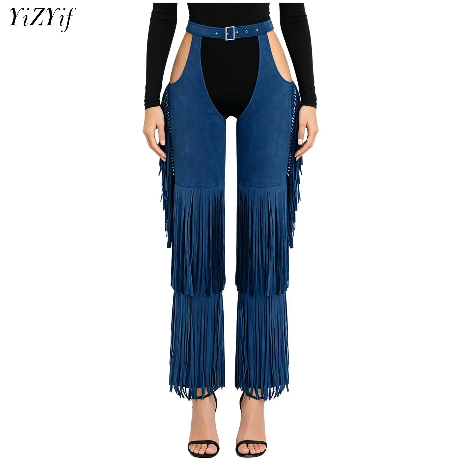 Womens Equestrian Horse Riding Show Pants Adjustable Waist Tiered Tassels Open Crotch Chaps Trousers for Trick Riding Rave Party