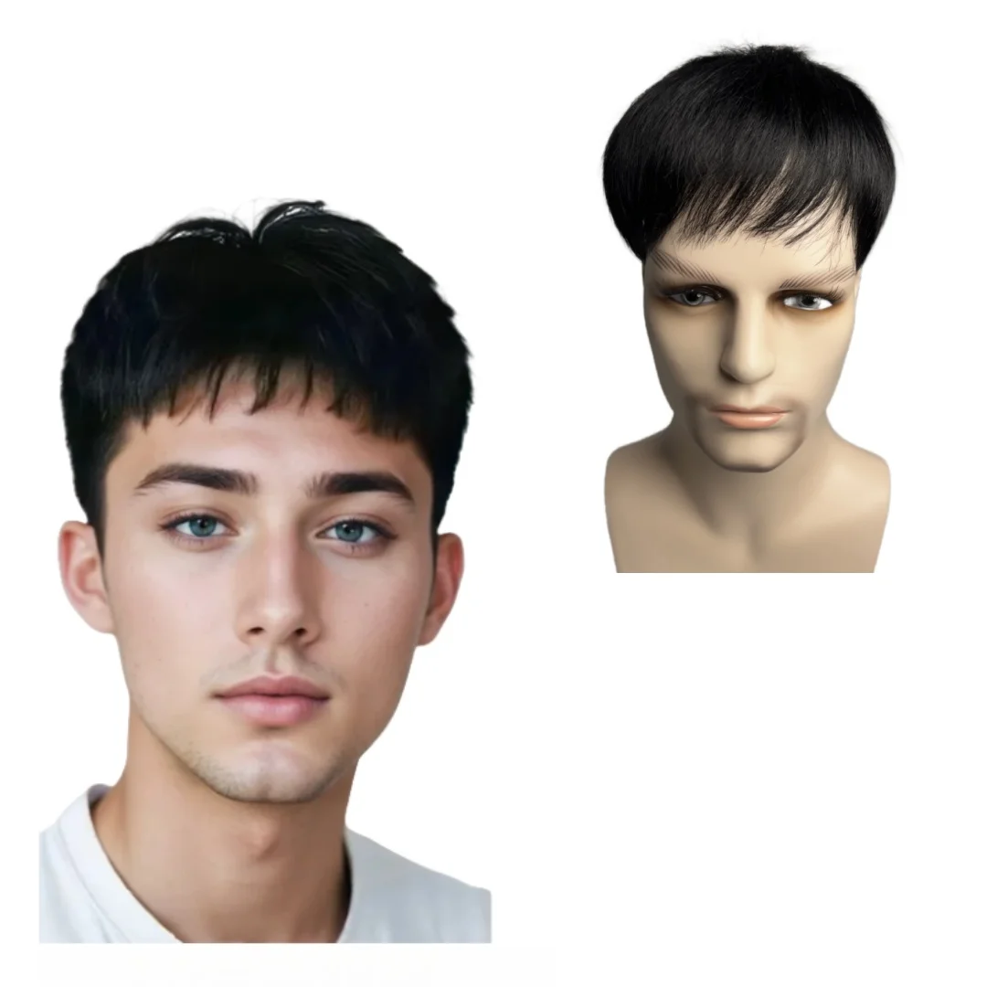 Men‘s Wig Thick Human Hair Men's Toupee with PU Around Hair Replacement System Prosthetic Hair Wig Male Pieces For Men Baldness