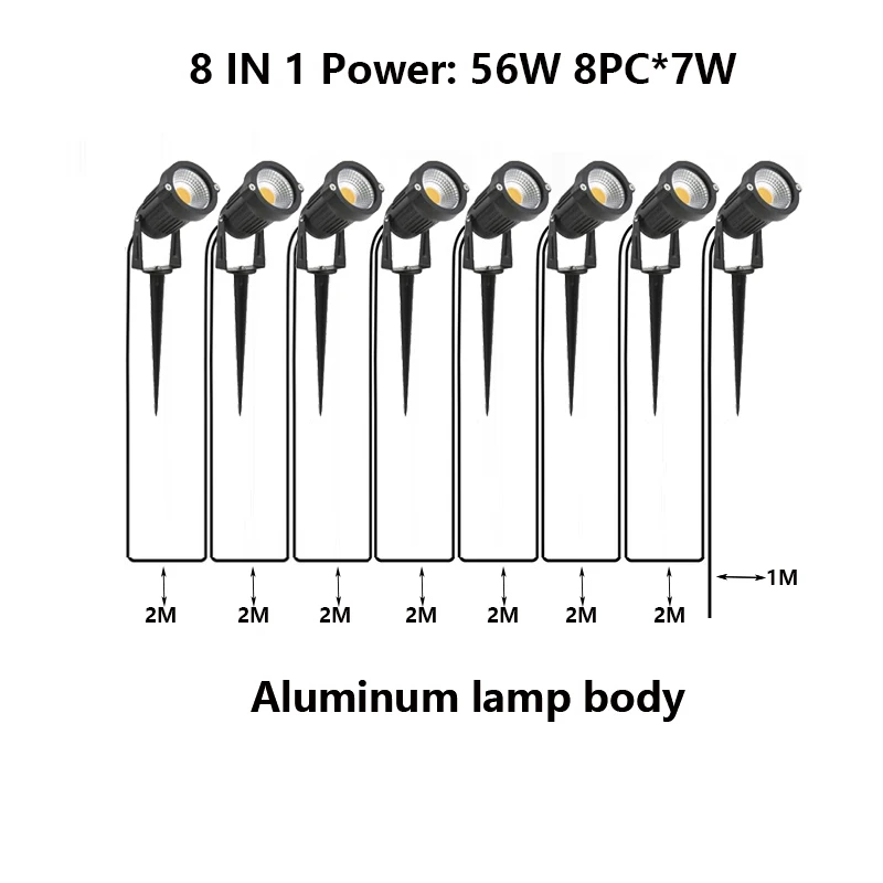 2 Meter Wire Garden Lights Waterprof  LED Lawn Lamp 2-4-6-8 IN 1 14W42W56W Landscape Decoration Spike Spotlights DC24VAC110V220V