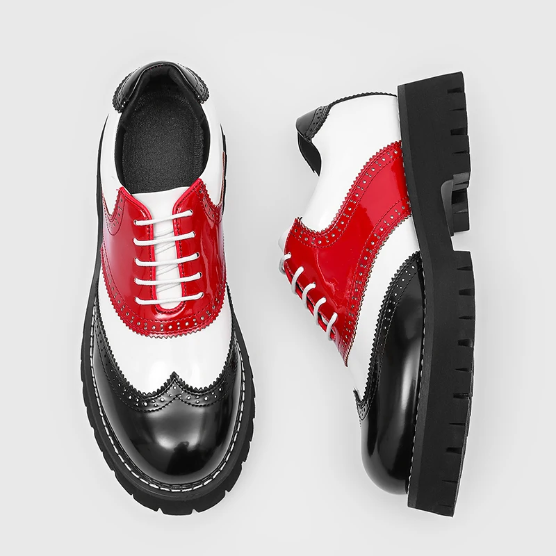 New Lace Up Splicing Derby Shoes, Business Color Blocking Carved Breathable Height Increasing Anti Slip Fashionable Shoes
