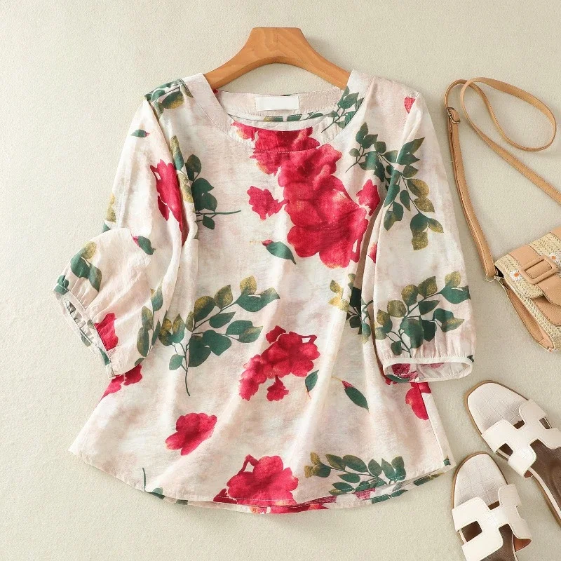 

Prints Vintage Women's Shirts Summer Loose Short Sleeve O-Neck Tops Cotton Linen Clothing SALES Chinese Style Blouses Trend 2024