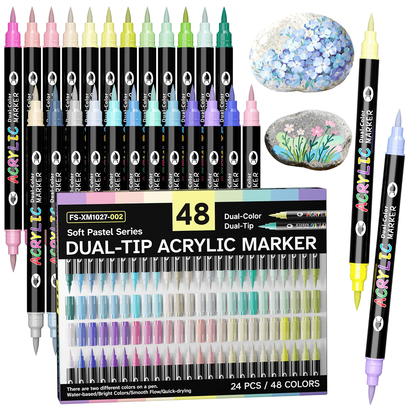 FLYSEA 48-Color Macaron-Toned Dual-Tip Acrylic Markers – Ideal for Surfaces like Stone, Wood, and Glass