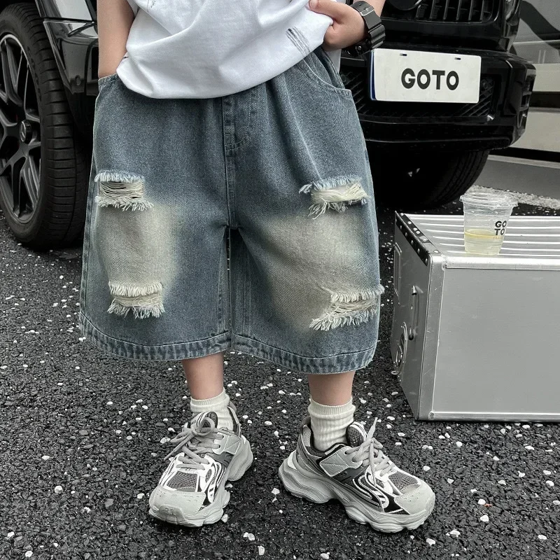 

New Boys Summer Thin Denim Five-point Pants Kids Casual Ripped Denim Shorts Trousers Trendy Teen Straight Leg Jeans Clothing