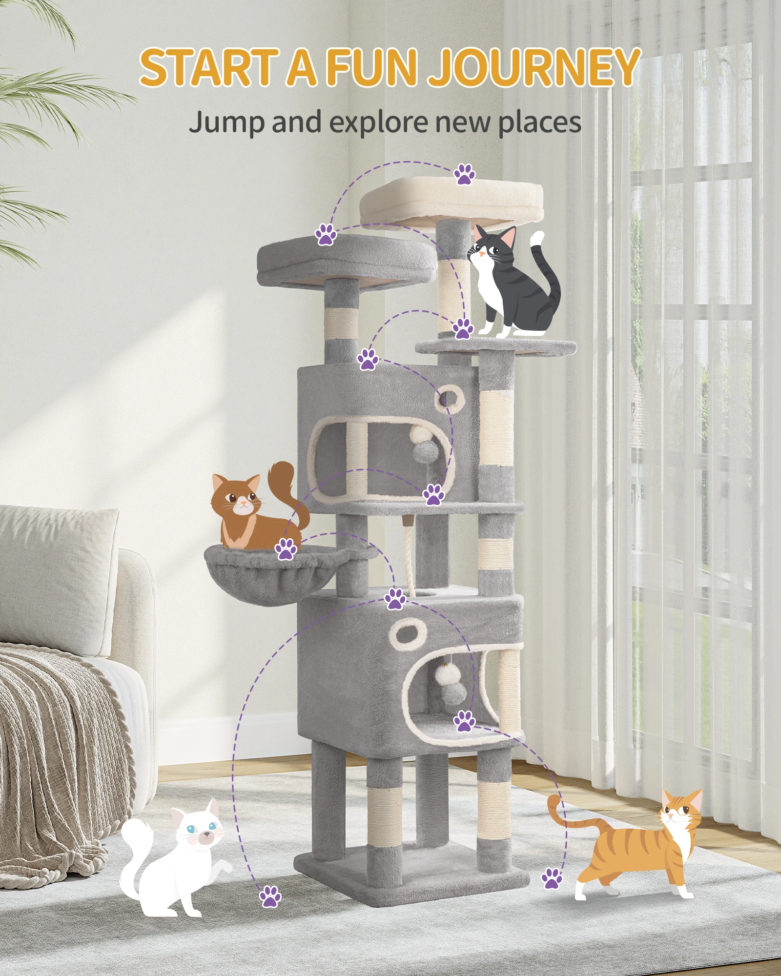 Hzuaneri Arbre à chat de 159 cm pour chats d'intérieur, tour à chat, condote pour chats à plusieurs niveaux avec 8 grattoirs, 3 plates-formes, 2 grottes, panier