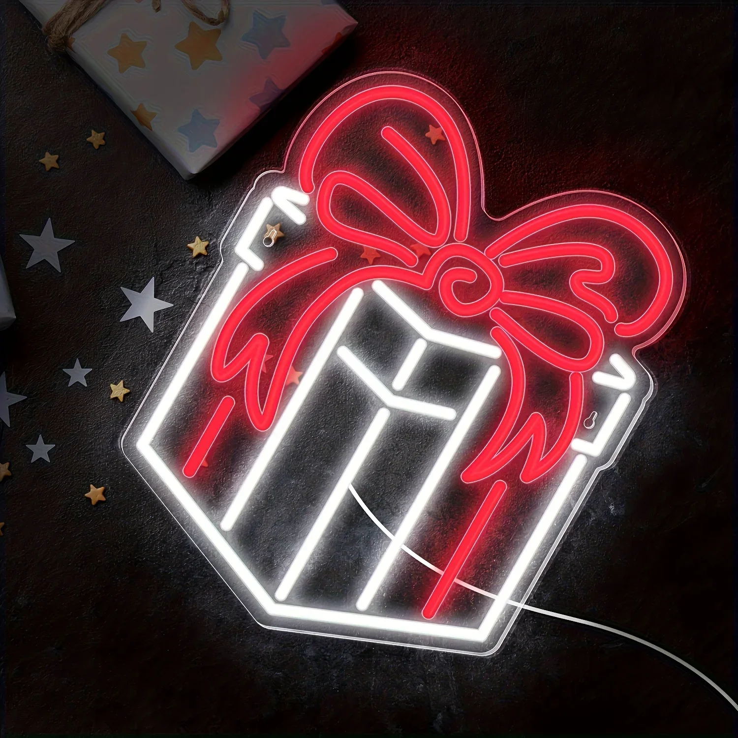 Red White Gift Box Bow Neon Sign Present LED Wall Art Acrylic USB Powered Dimmable Light Decor for Xmas Birthday Party