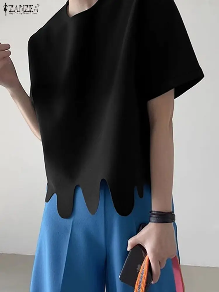 2025 Stylish Summer Blouse ZANZEA Women O Neck Short Sleeve Tops Elegant OL Work Shirt Solid Mujer Female Irregular Hem Blusas