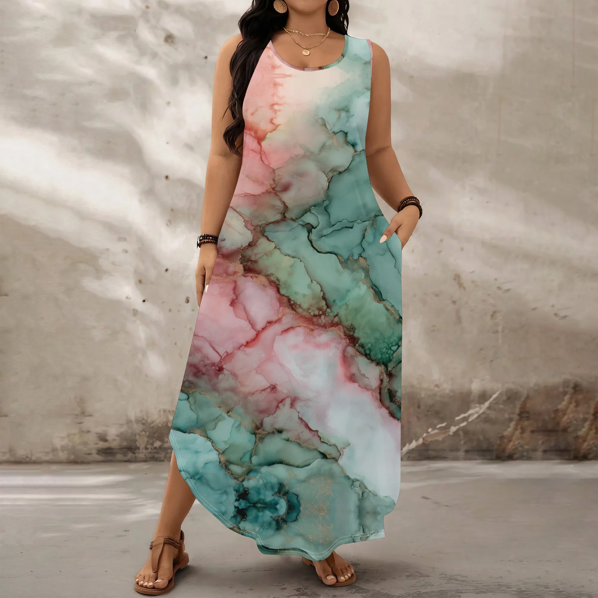 

Women Plus Size Sleeveless Maxi Dress Pink Green Marble Print Casual Summer XL-6XL