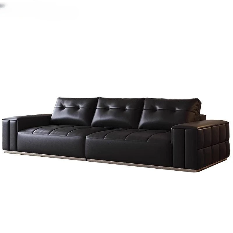 

Modern minimalist leather sofa living room villa Italian small apartment black straight row three people