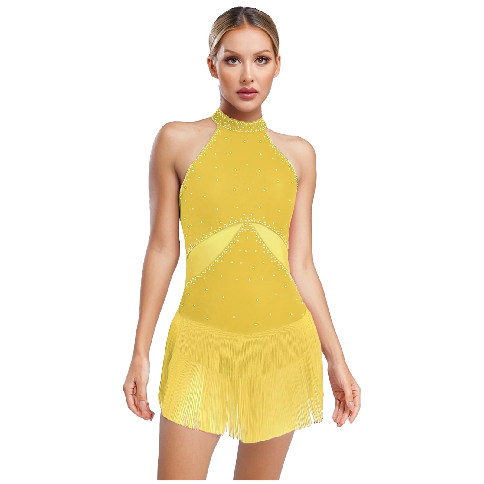 

Women's Latin Cha-cha Dance Leotard Dress Sparkly Rhinestone Tassel Fringe Bodysuit Latin Samba Rumba Stage Performance Outfits