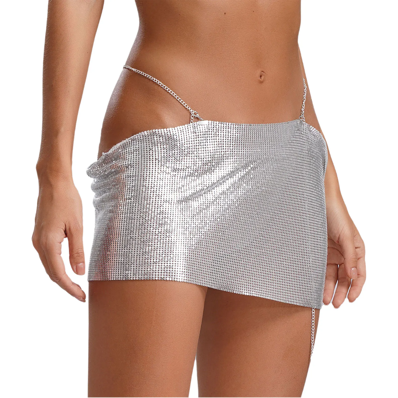 Vrouwen Pailletten Rok Sparkly Mini Rok Lage Taille Metalen Kettingen Tailleband Glitter Rok Sexy Avondje Uit Feestrokken