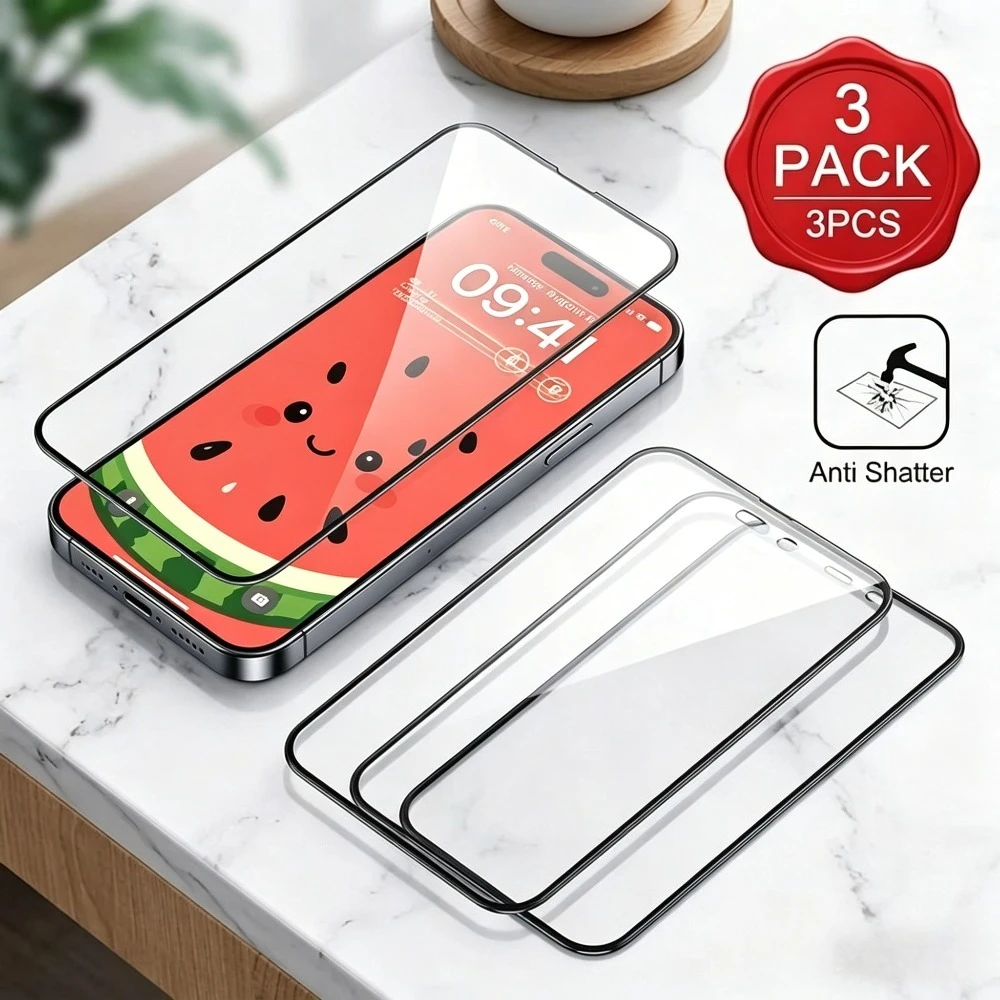 

3Pcs Full Cover Tempered Glass for iPhone 17 16 15 Pro Max Air 14 13 Pro Screen Protector for iPhone 17e 16e 15 Plus 12 11 Pro