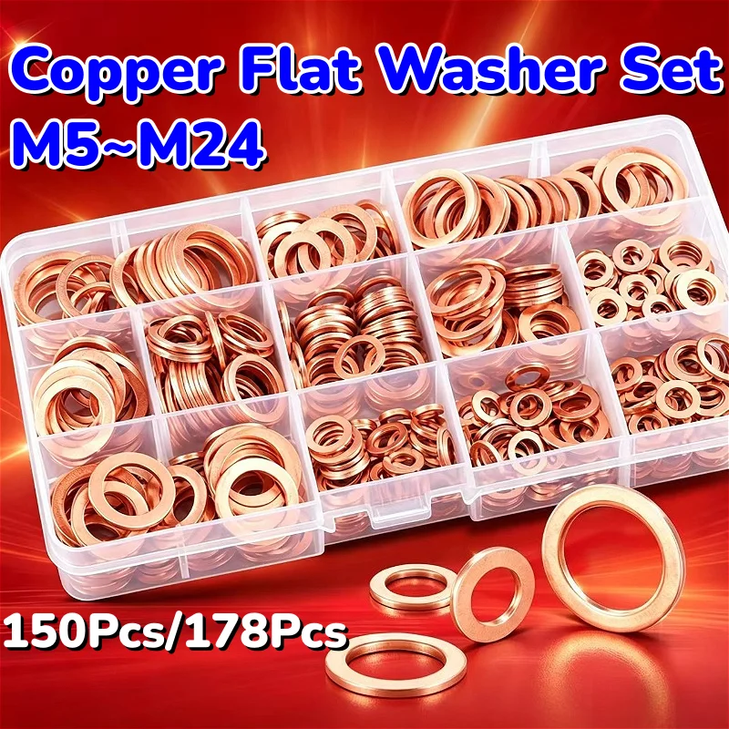 M5 M6 M8 M10 M12 M14 M16 M18 M20 M22 M24 Copper Washer Gaskets Set Flat Ring Seal Assortment Kit With Box For Sump Plugs
