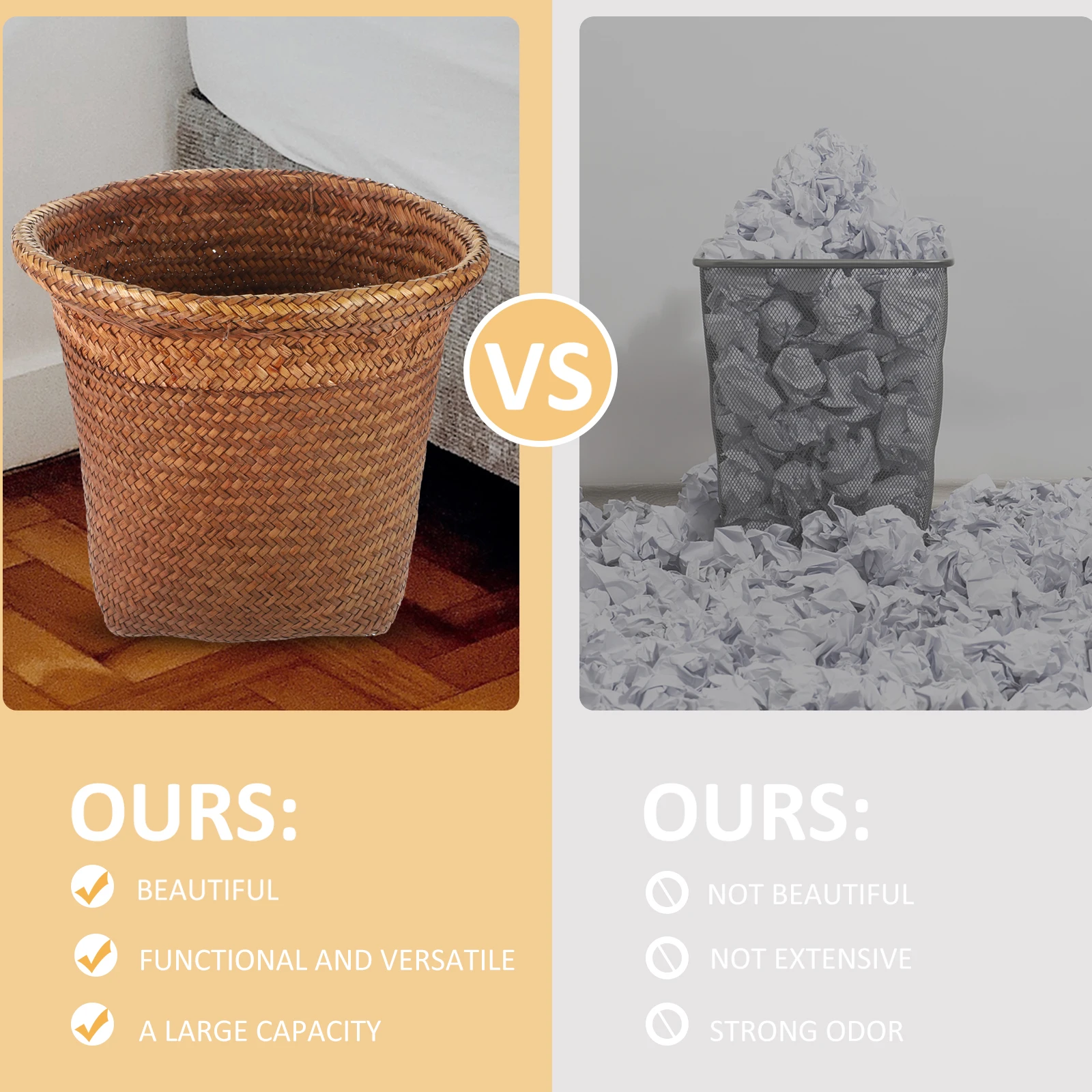 

1pc Straw Woven Wastebasket Retro Garbage Household Waste Can Office Trash Container Natural Design Smooth Edges No Cover Waste