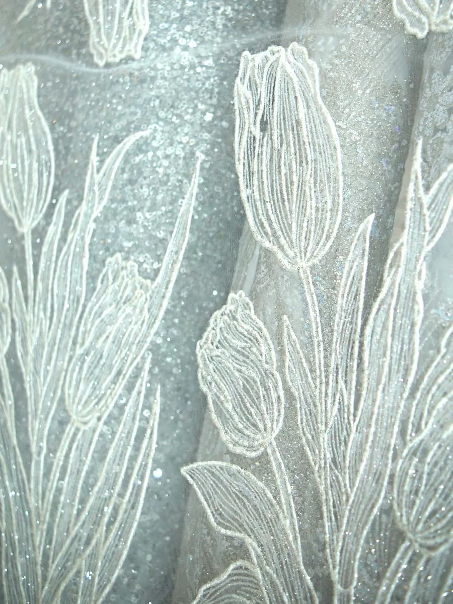 White Tulle Fabric With Sequin Flower Embroidery Mesh For Bridal Dress Wedding Veil Evening Gown Textile Material Luxury Craft