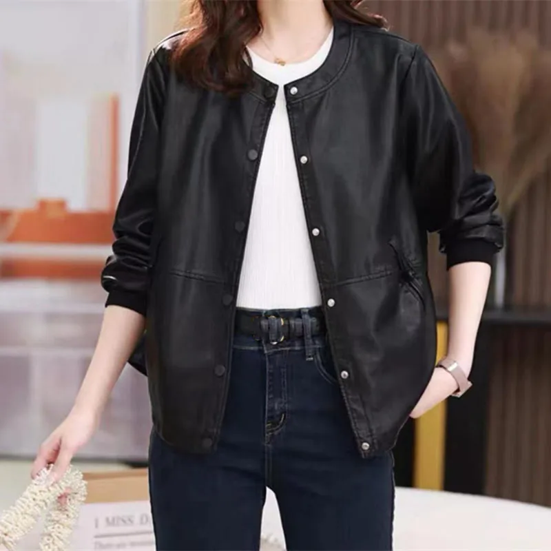 Winter Ladies Fashion Faux Leather Outwear European Female Large Size 6XL PU Leather Jacket Autumn Women O-Neck Loose Black Coat