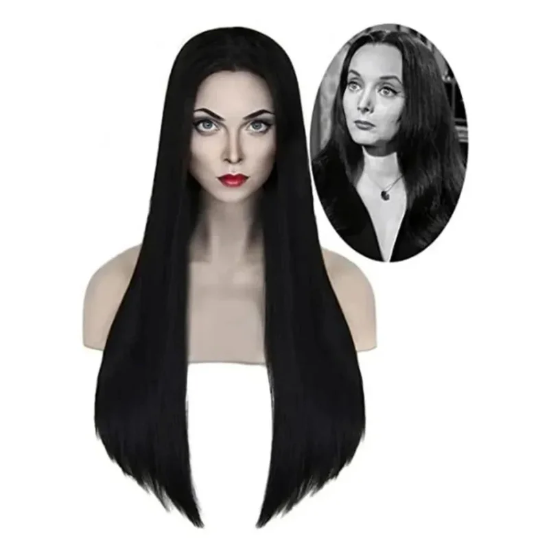 باروكة أدامز فاميلي التنكرية، شعر مستعار طويل مستقيم أسود مورتيسيا الأربعاء