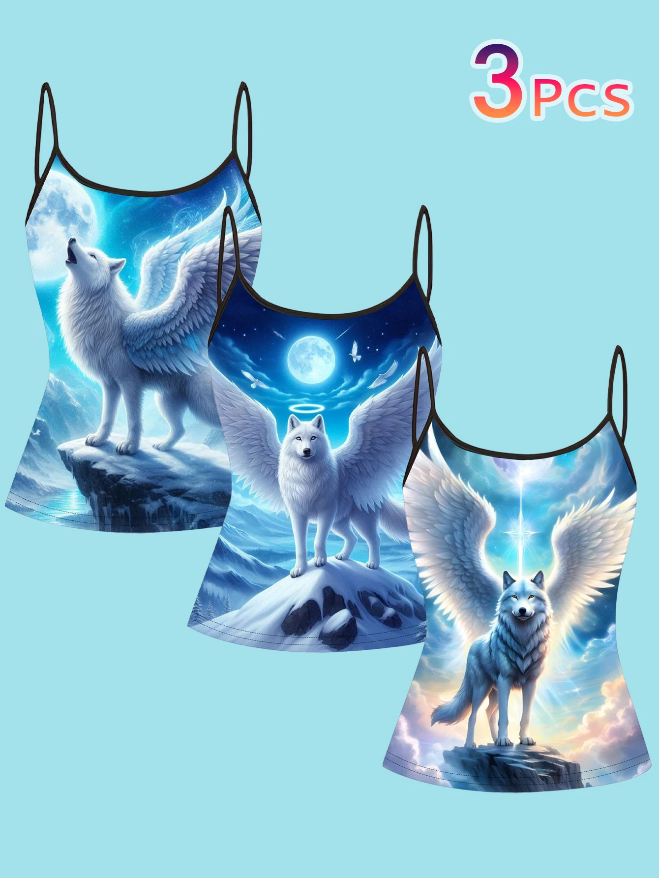 3-Piece Set of Angelic White Wolf Wings, Snow Mountain, Full Moon Print Thin Camisole, Halo Divine Light Dreamy Healing Style Slim Fit Sleeveless Top, Beautiful Inner Wear and Outerwear Base Shirt