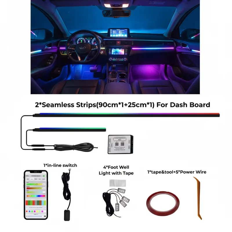 18 in 1 RGB Car Interior Ambient Lighting Kit Acrylic 12V Dreamcolor APP Control Atmosphere Lamp Universal Decor Lights