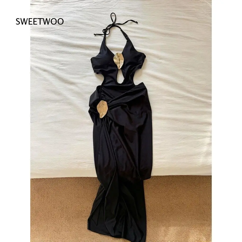 Women Halter One Piece Swimsuit With Detachable High Slit Cover Up Skirt Cutout Front Decorative Patch Design For Beach