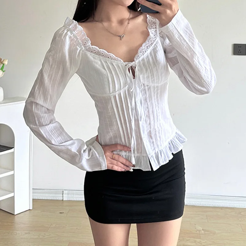 Early autumn thin French pleated hollow out lace up temperament sweet shirt