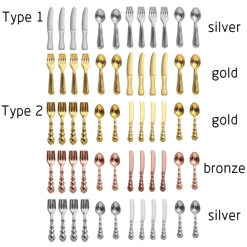 12PCS Gold Silver 1:12 Scale Simulation Toy Dollhouse Furniture Mini Cutlery Doll Accessory Fork Knife Spoon Miniature Cookware