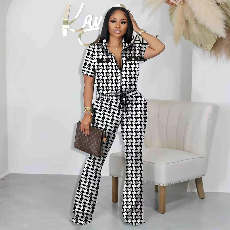

Women Two Piece Set Pant Sets Print Jacket Short Sleeve Zipper Coat Pockets Long Pants Drawstring Casual Suits Streetwear