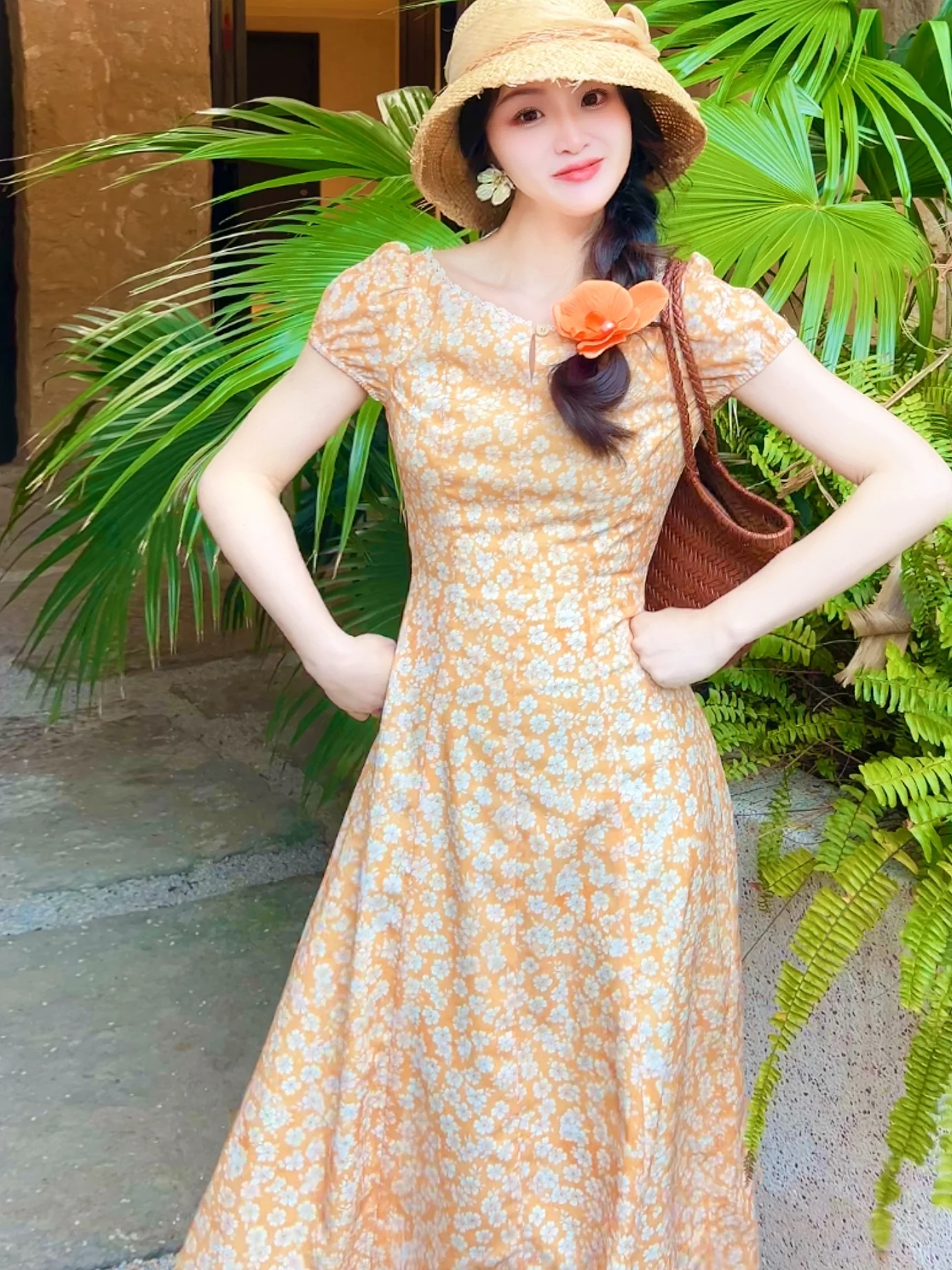 

Joey Orange Floral Print Dress Bubble Sleeve Women's First Love Dress Country Style Polyester Fiber Short Sleeve round Neck