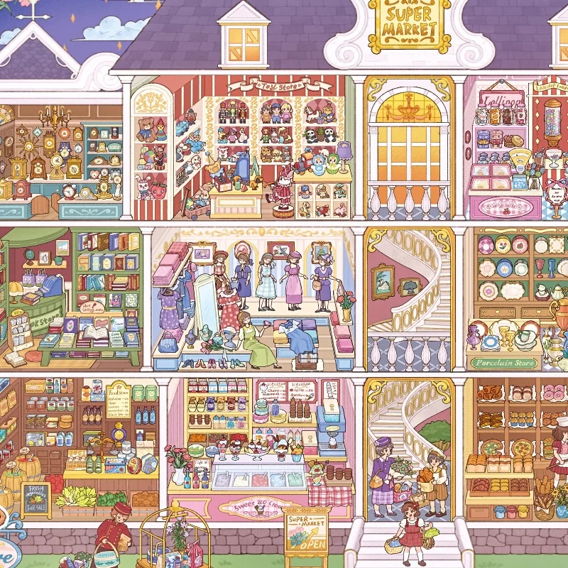 Kawaii Magic Academy & Food Supermarket 3D Cartoon Miniatur-Szenen-Aufkleberbuch DIY Handstapel-Aufkleber zur Stresslinderung