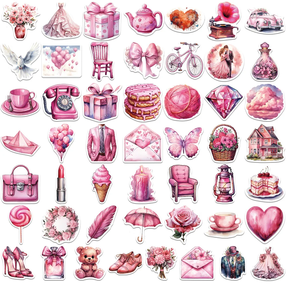 10/30/50Pcs Pink Wedding Waterproof Graffiti Sticker Aesthetic Decorative Luggage Cup Laptop Phone Scrapbook Notebook Stickers