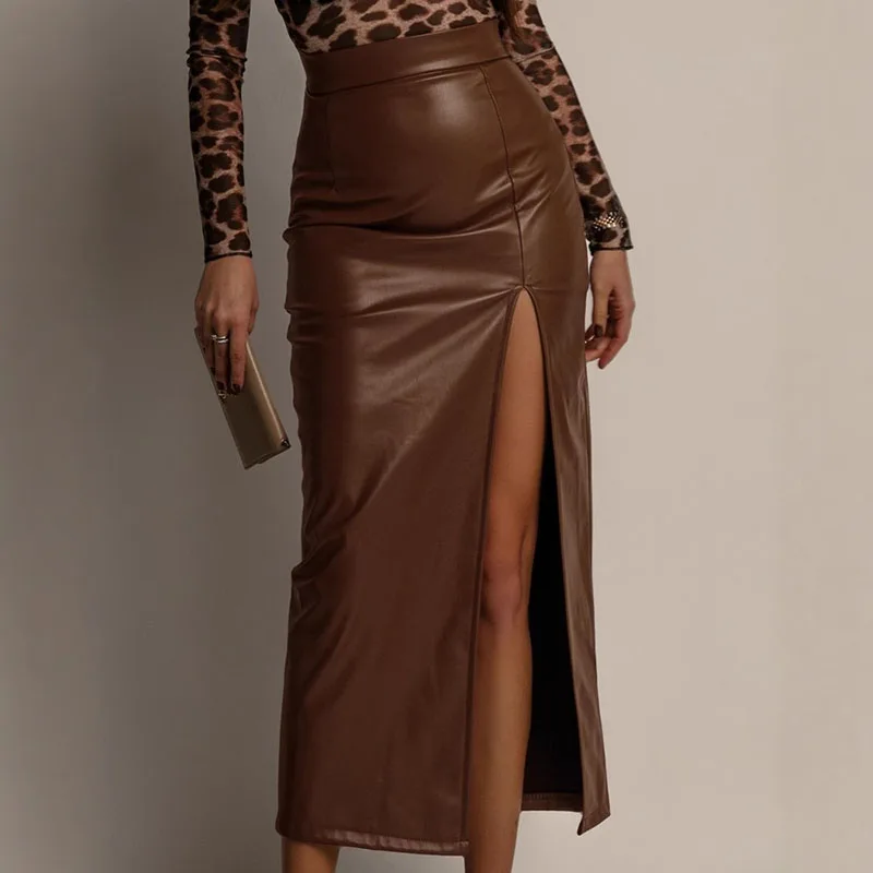 Sexy High Split PU Leather Skirts for Women Elegant Slim High Waisted Package Hip Skirts Ladies New Fashion Office Pencil Skirt