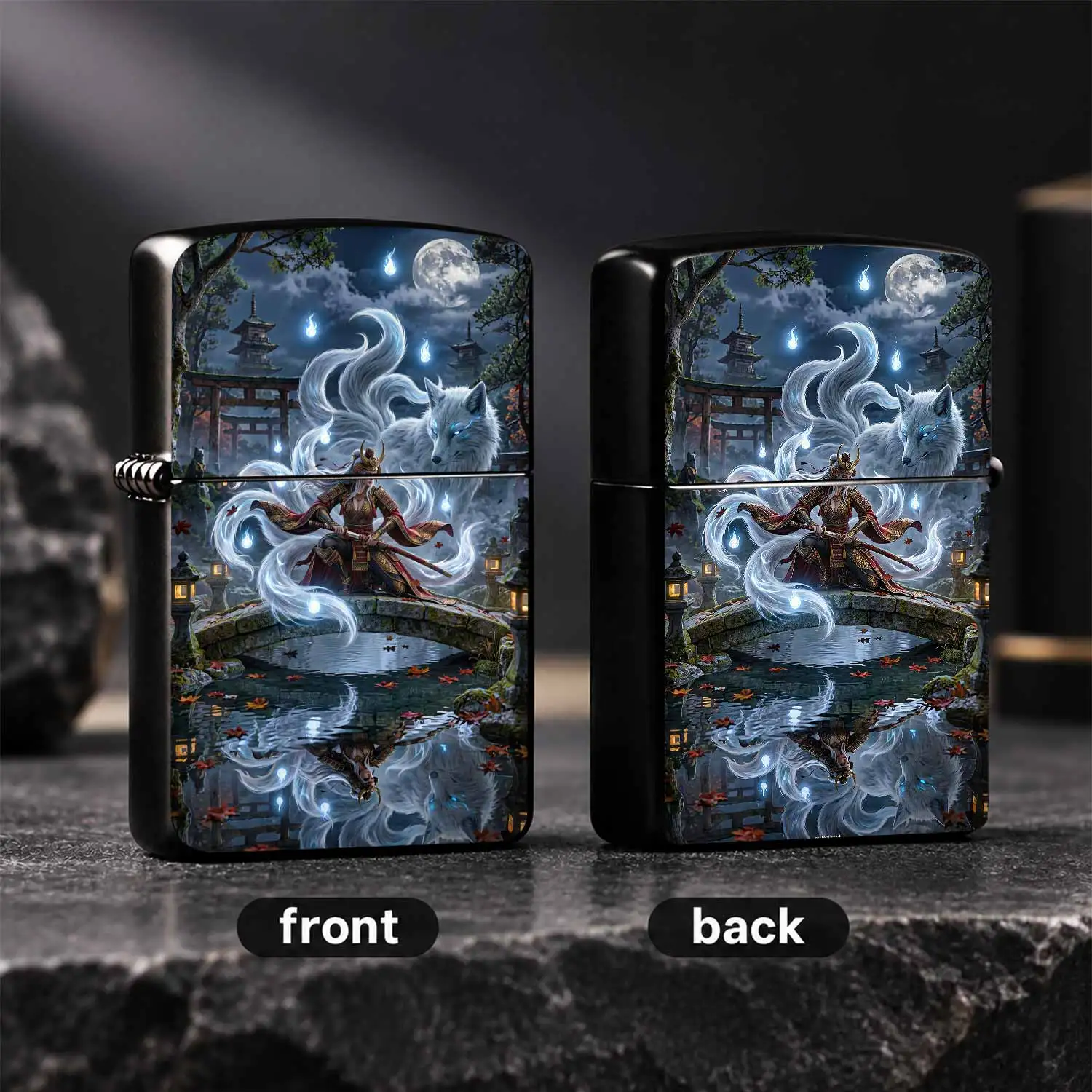 Exquisite Lighter With Mythical Nine-Tailed Fox Samurai Print, Artistic Moonlit Shrine Bridge Pattern, Portable Stylish Design, Ideal For Daily Use Outdoor Activities Gifting For All Scenarios A Humorous And Interesting Lighter