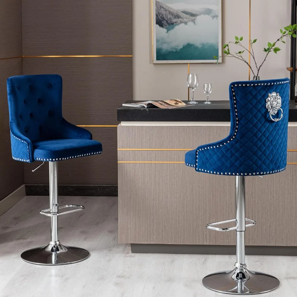 Bar Stools Set of 2, Counter Height Adjustable Velvet Swivel Barstools with Footrest, Soft Cushion Upholstered High-Back Diamond