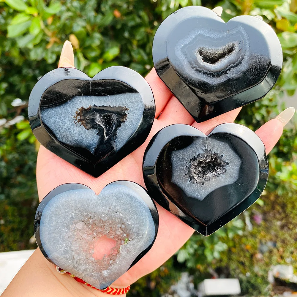 1PC Black Agate Heart Geode Carved Love Pocket Gemstone Natural Crystal Home Decor Crystal Collection Party Gift
