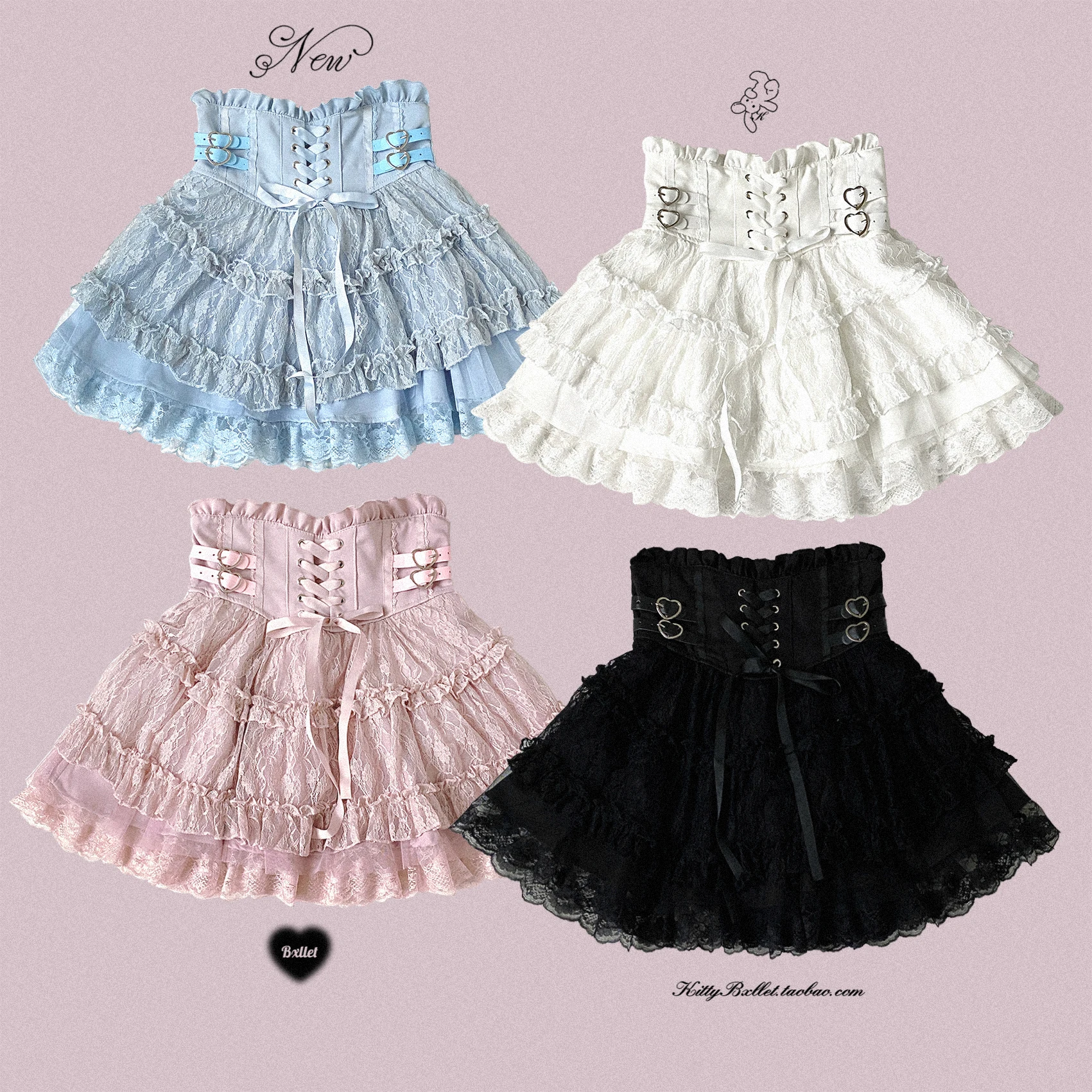 Japanese Mines Style Sweet Cute Lace Splicing Lace-up Heart PU Buckle High Waist Slim A-line Versatile Lolita Short Skirts Women