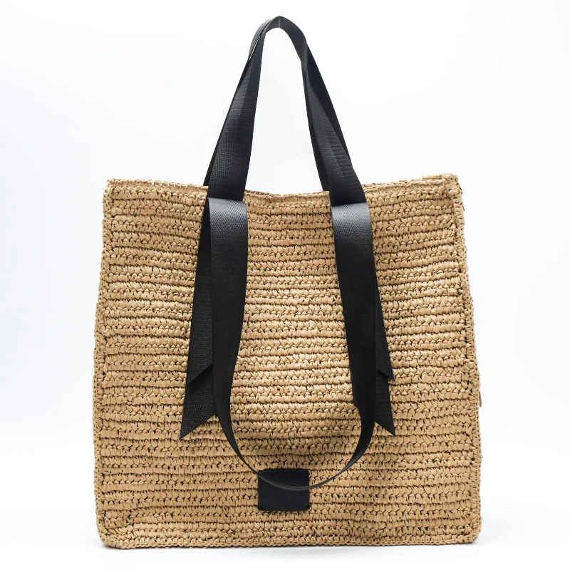 

Raffia Woven Tote Bag with Black Nylon Strap, Summer Beach Handbag, Casual Large Capacity Shoulder Bag for Women